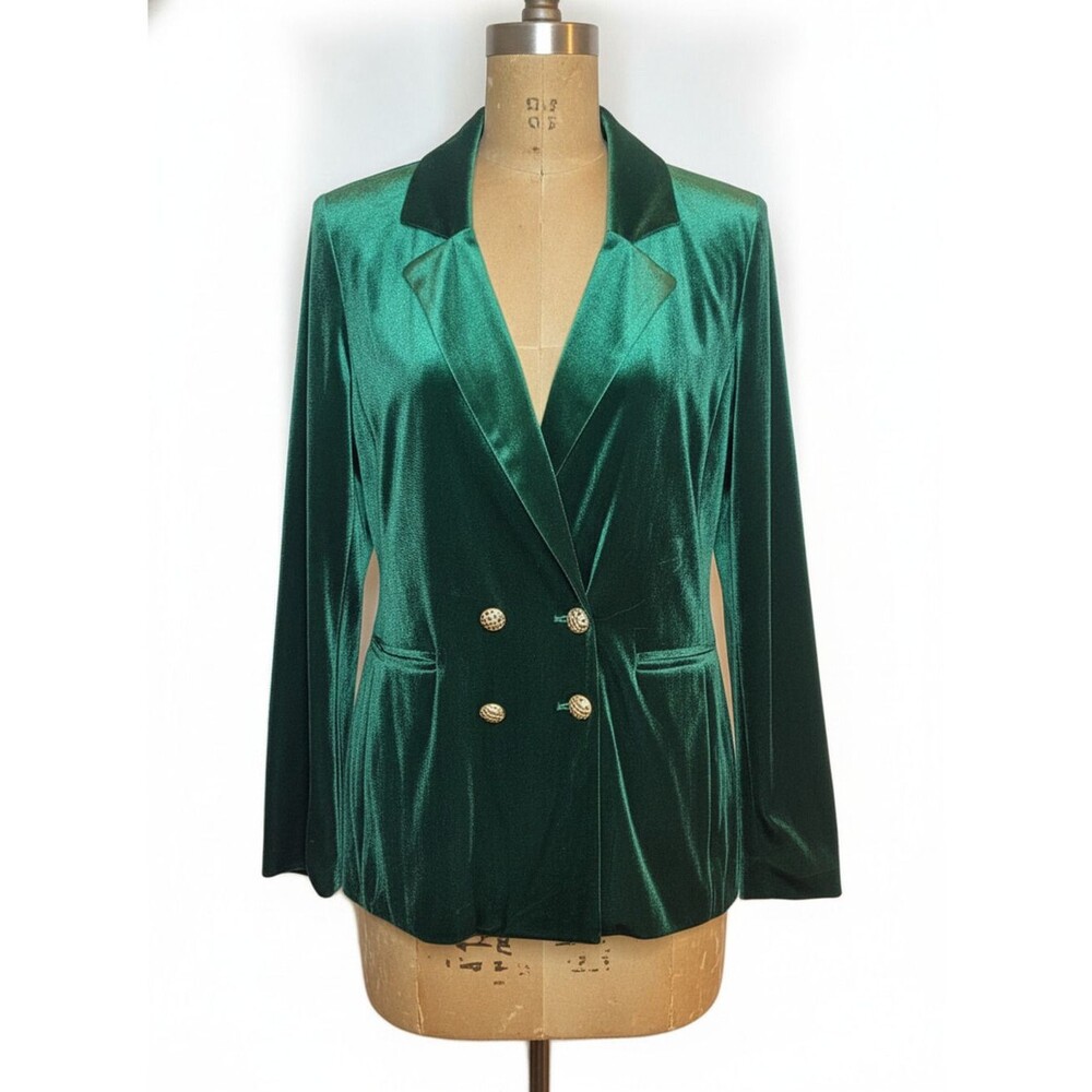 Sugar Lips Emerald Green Velvet Double Breasted Blazer Gold Buttons XL Old Money